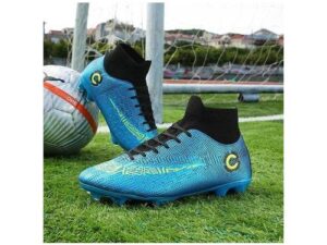 Chaussures De Football Montantes à Crampons En Cuir Pour Hommes - Bleu