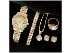 Mode Ensemble 5 en 1 pour Femme : Montre + Collier + Boucles d'Oreilles + Bague + Bracelet - Or