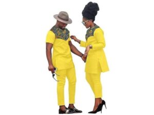 Ensemble Tunique Homme Et Femme Manche Longue Et Courte De Couleur Jaune