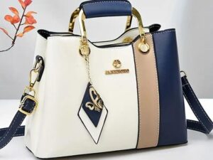 Sac fourre-tout contrasté pour femme avec bandoulière réglable, finitions dorées et fermeture magnétique - Sac à main décontracté de haute qualité pour les déplacements, le travail et les voyages - Bleu marine