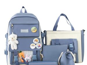 5pcs Sac à dos femme + sac bandoulière + pochette de rangement, joli sac d'école pour étudiante-Bleu